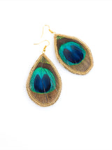 Oval Peacock Feather Drop Boho Earrings