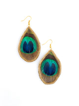 Oval Peacock Feather Drop Boho Earrings