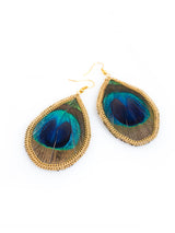 Oval Peacock Feather Drop Boho Earrings